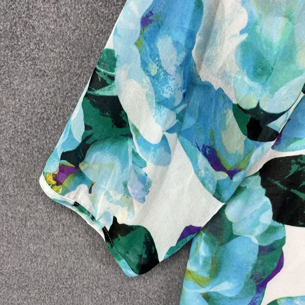 Calvin Klein Blouse Womens Medium Blue Floral Split Neck Chain Tassel Sheer‎ - Picture 4 of 16